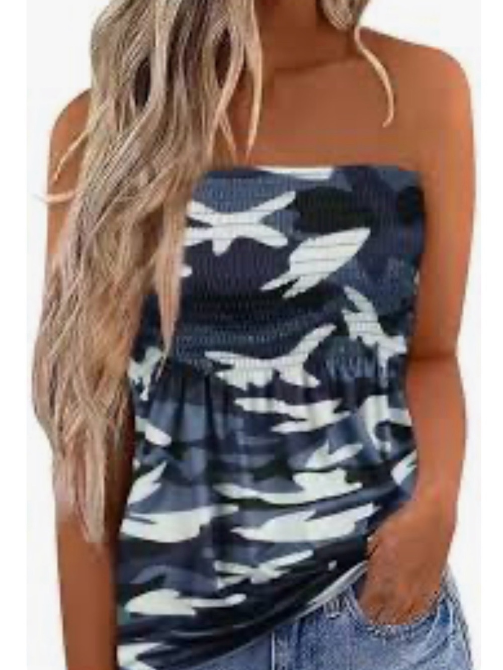 NWOT Strapless Smocked Blue & White Camo Tube Top (XL)